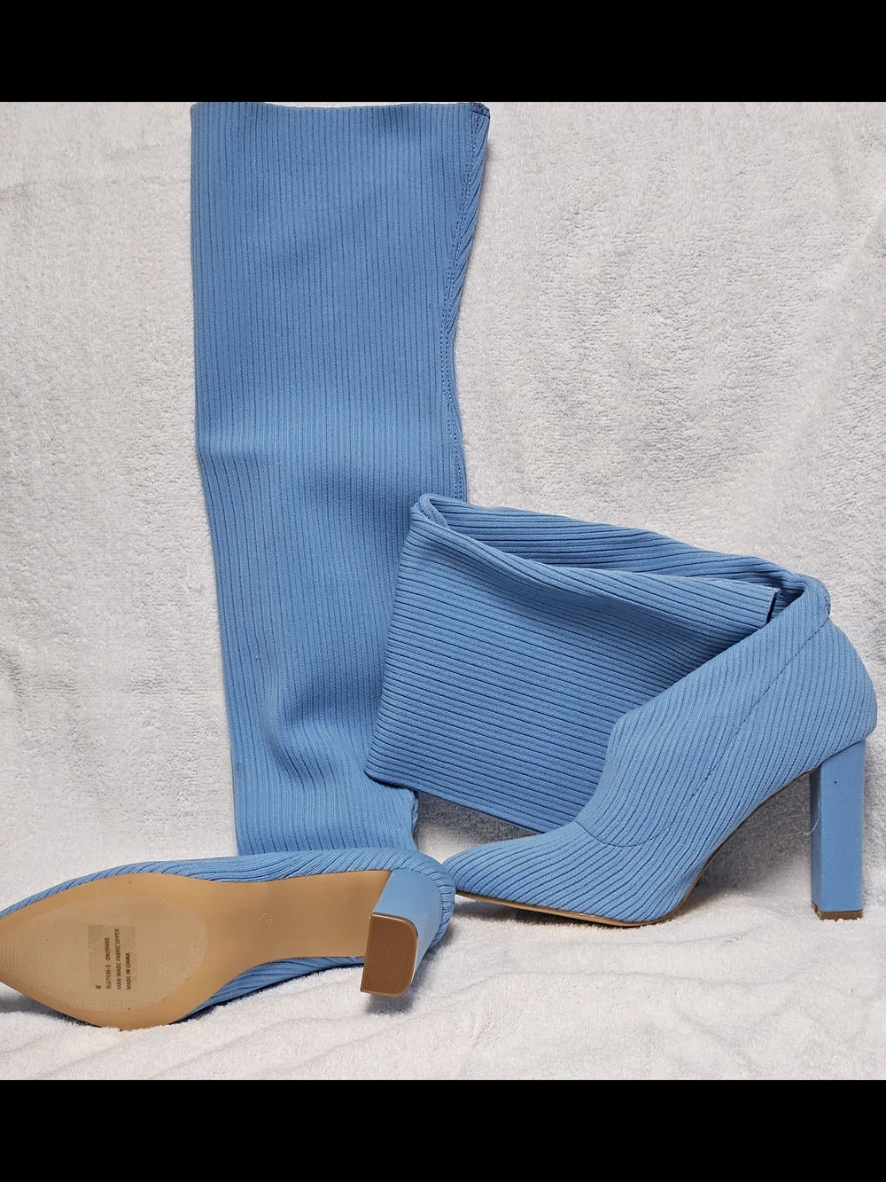 Sky Blue Ribbed Stretch Knee-High Block Heel Boots